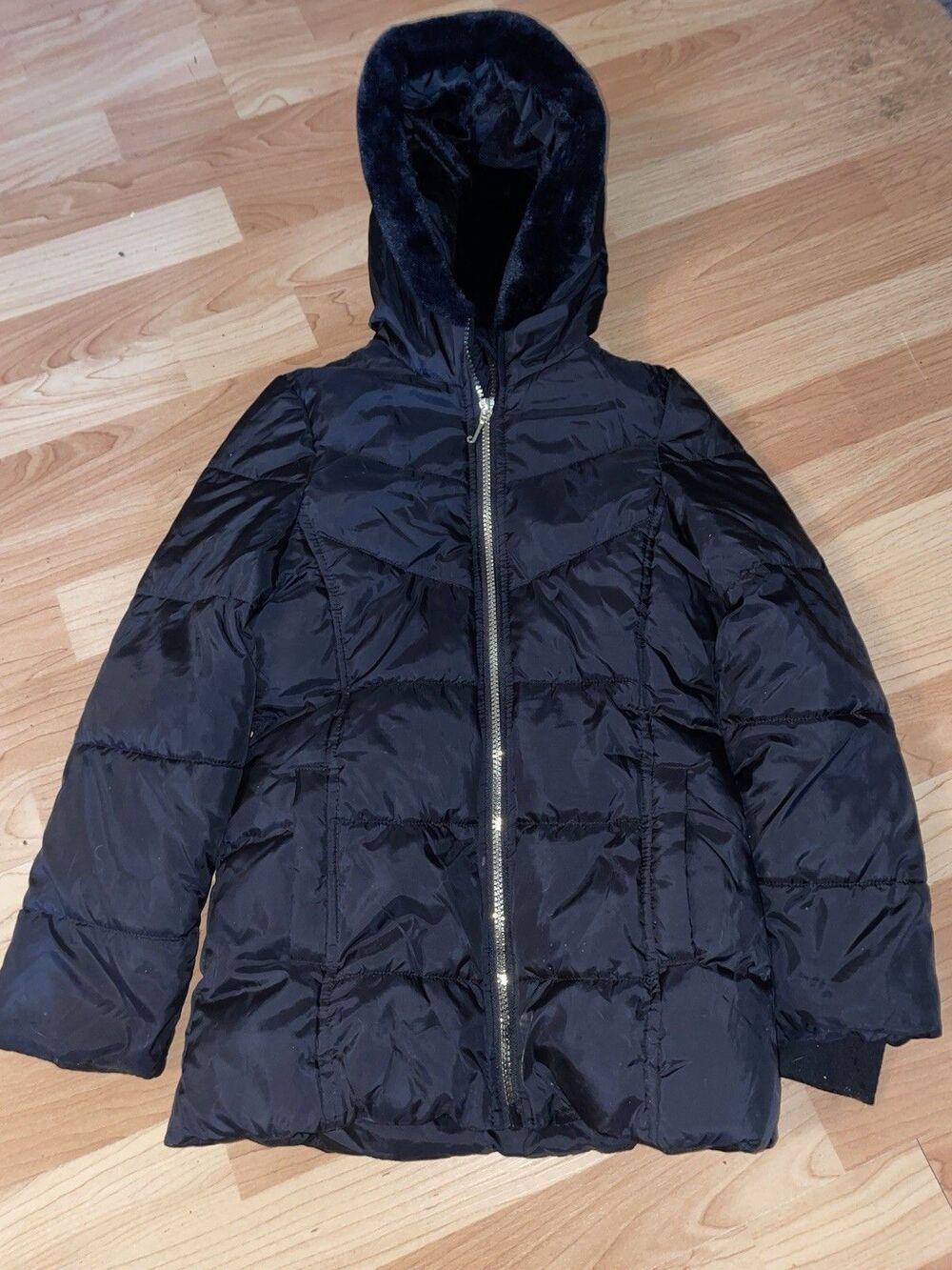 Juicy Couture Kids Black Puffer Coat Faux Fur Hood Girls Small 7/8